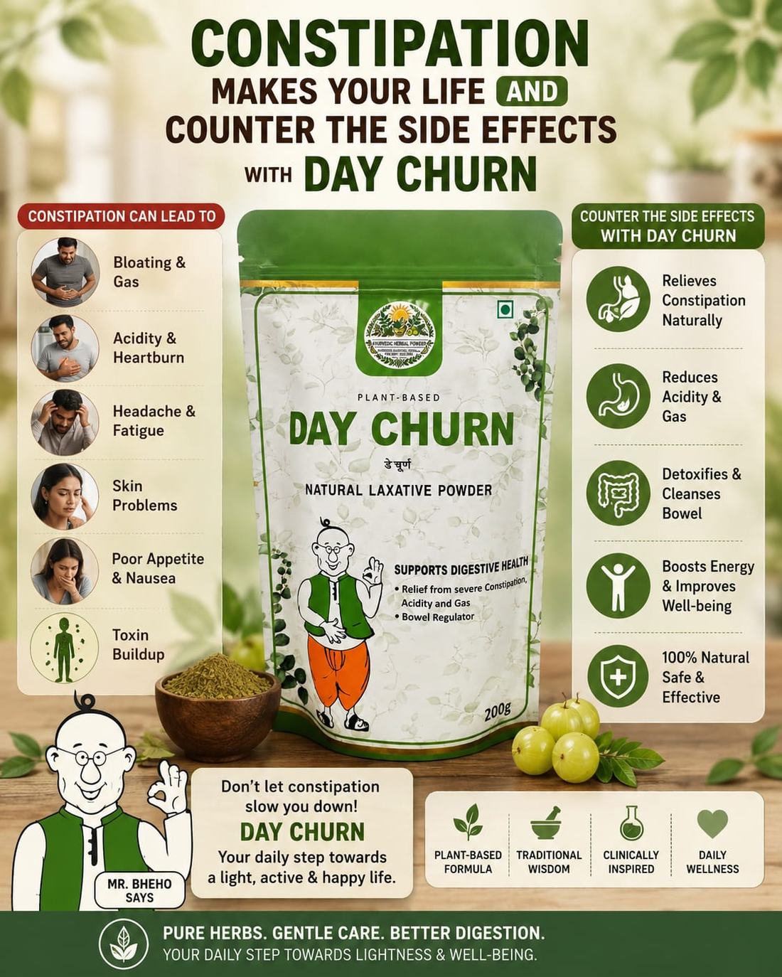 Infographic on countering the side effects of constipation with Day Churn