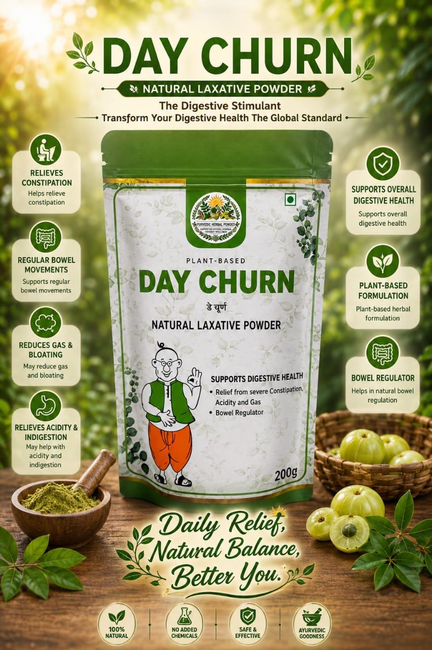 Day Churn pouch surrounded by fresh amla and herbs, with the tagline Daily Relief, Natural Balance, Better You