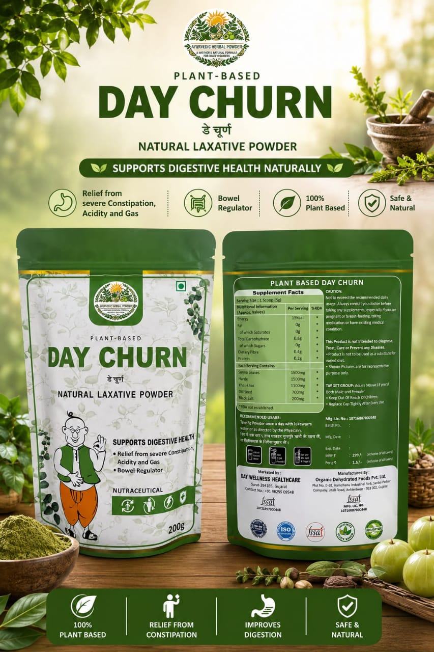 Front and back of the Day Churn pouch showing the supplement facts label