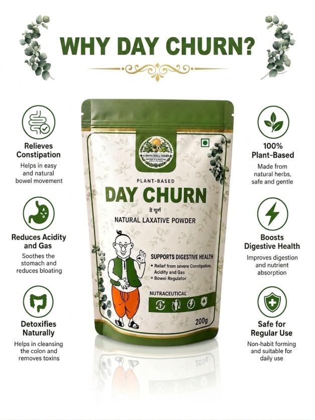 Why Day Churn infographic with the pouch and six benefit icons