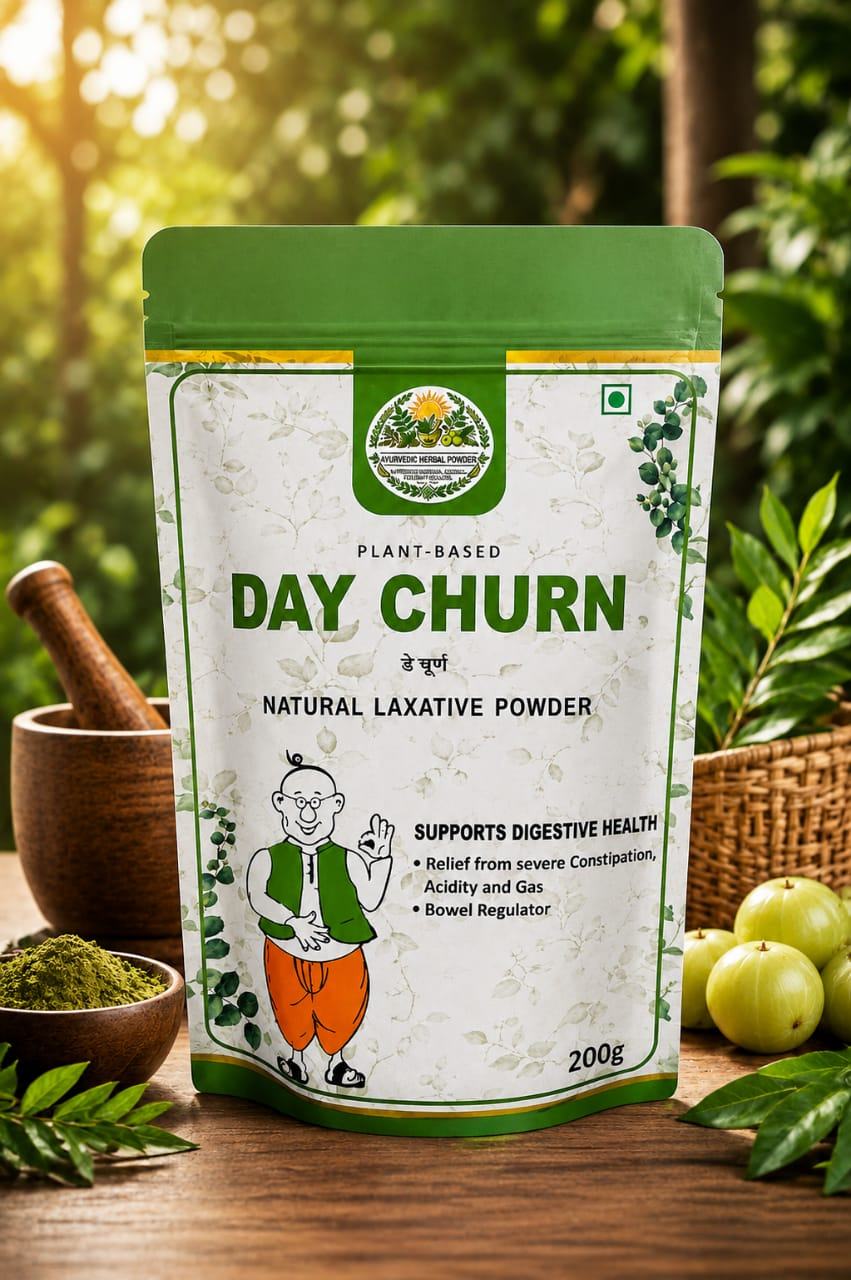 Day Churn natural laxative powder pouch, 200g, styled with fresh herbs